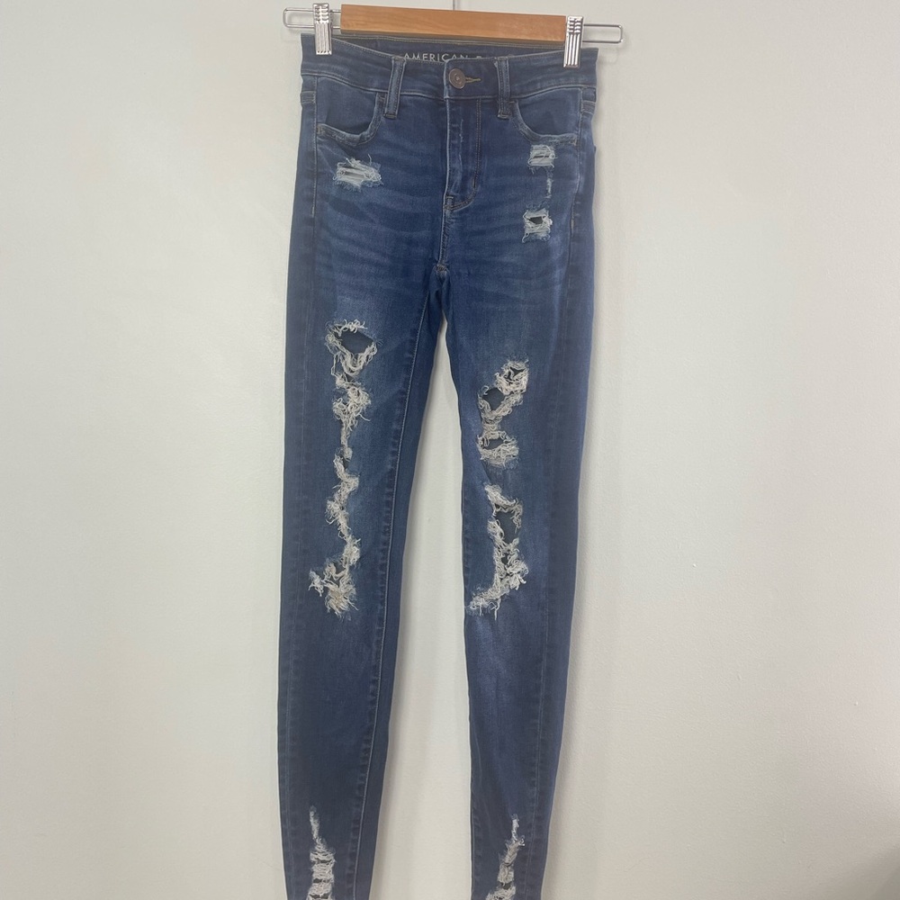 American Eagle Outfitters Women's Ripped Dark Blue Skinny Jeans